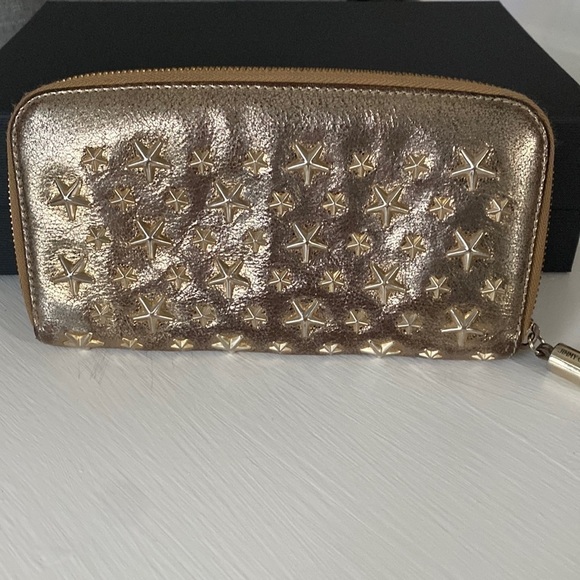 JIMMY CHOO FILIPA Gold Metallic Star Studded Spike Zip Wallet with Gift Box - Picture 5 of 17